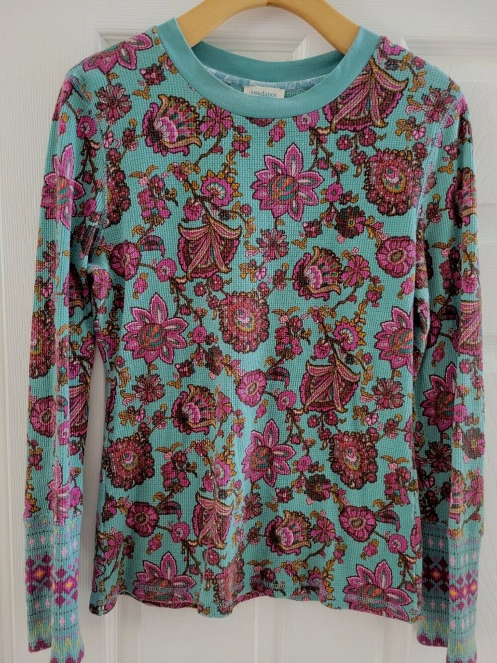 Sundance Womens Teal Blue thermal Waffle Knit Top size Medium boho SouthWestern